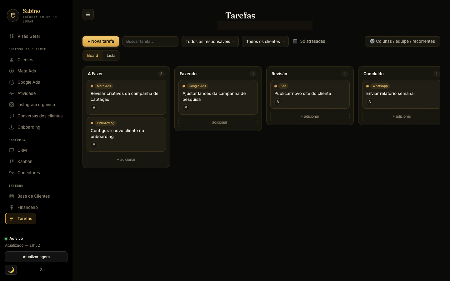Tela Tarefas do Sabino: board kanban com colunas A Fazer, Fazendo, Revisão e Concluído